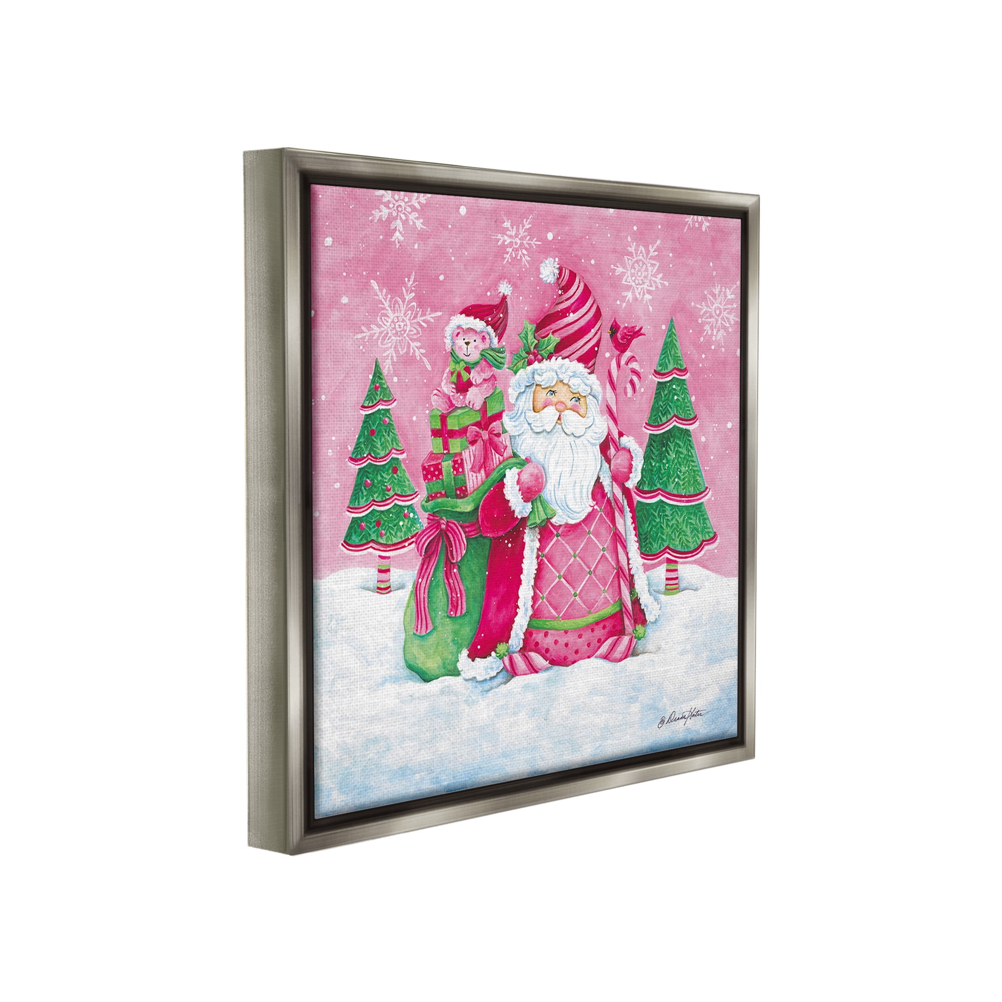 Stupell Industries Pink & Green Santa Scene Holiday Painting Gray Floater Framed Canvas Art Print Wall Art, 25 x 25