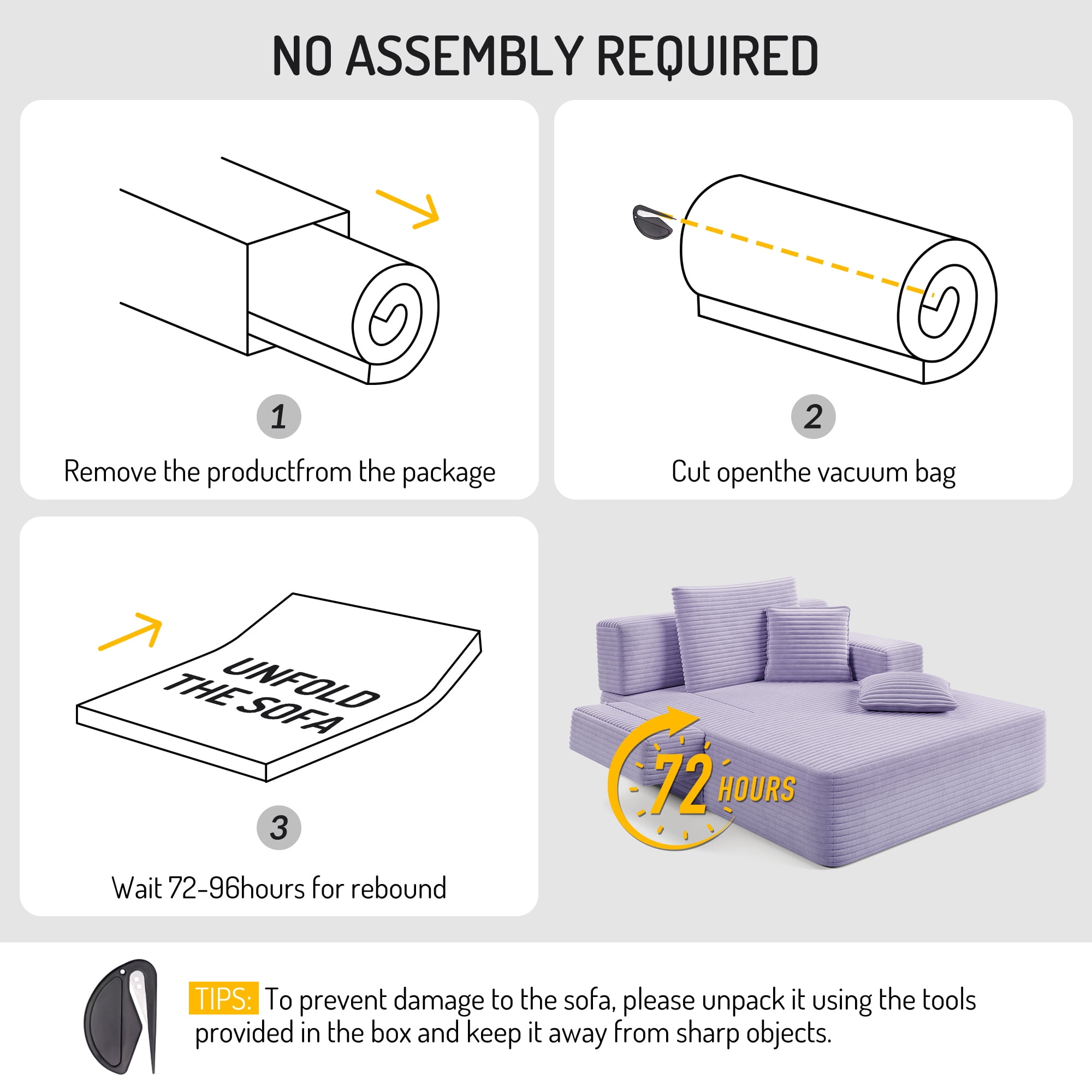 Aukfa Oversized Corduroy Chaise Lounge Chair, Convertible Boneless Sleeper Sofa Bed with 3 Pillows&Storage Pockets, Purple