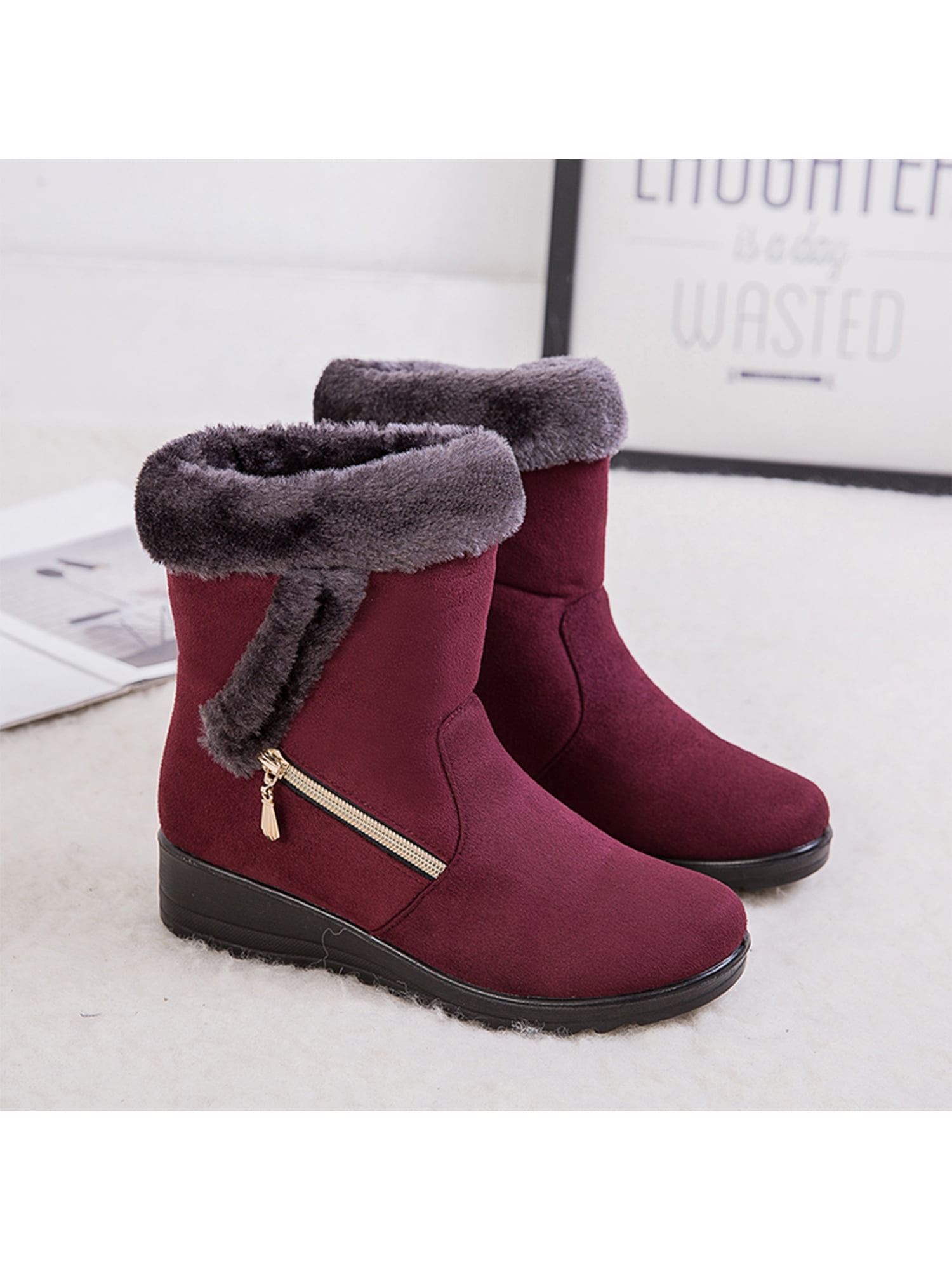 Women Casual Round Toe Ankle Boots Ladies Comfy Winter Warm Fur Lined Shoes US