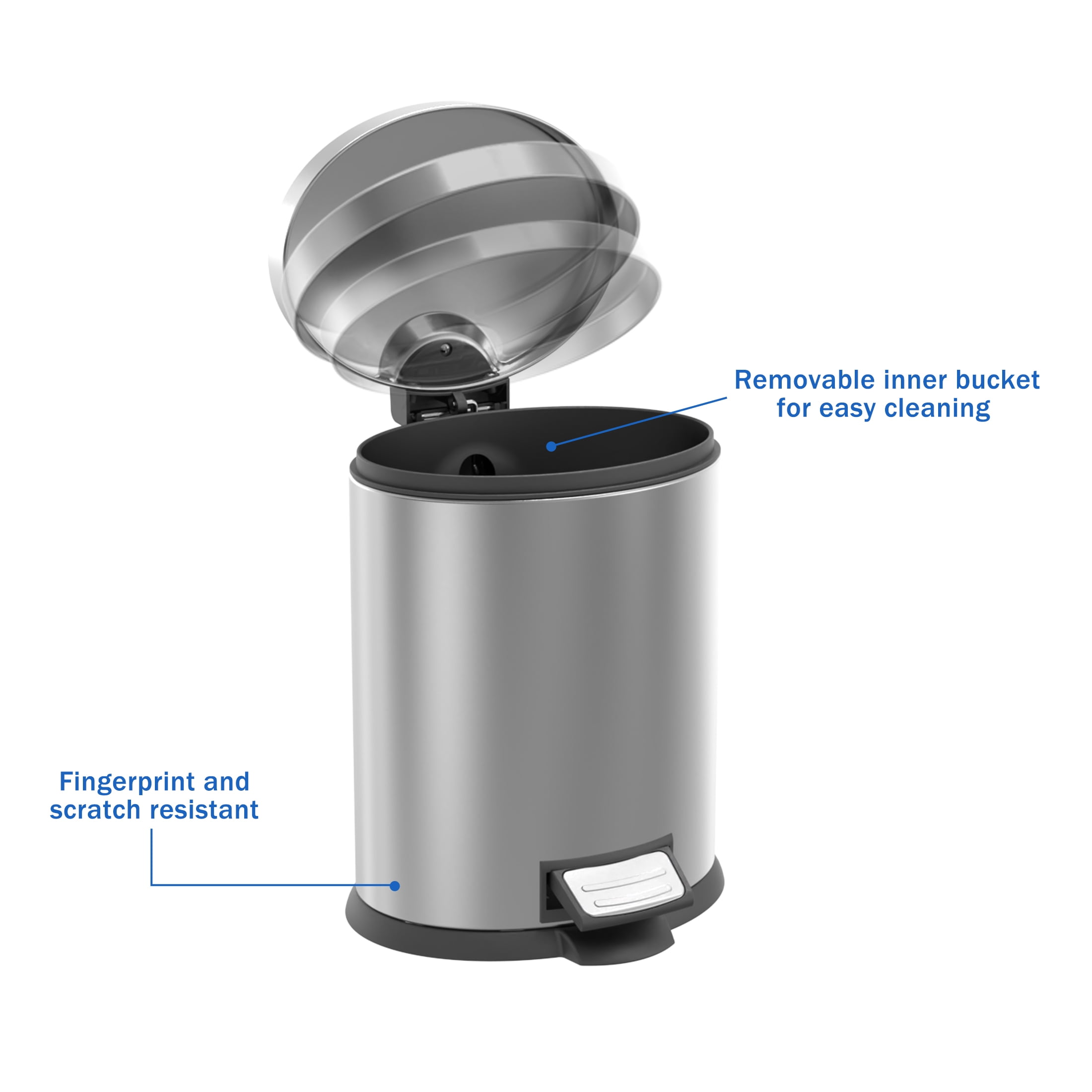 Koomade 2 Pack Bathroom Trash Can, 1.3 Gallon Stainless Steel Step Garbage Bin with Lid, Silver