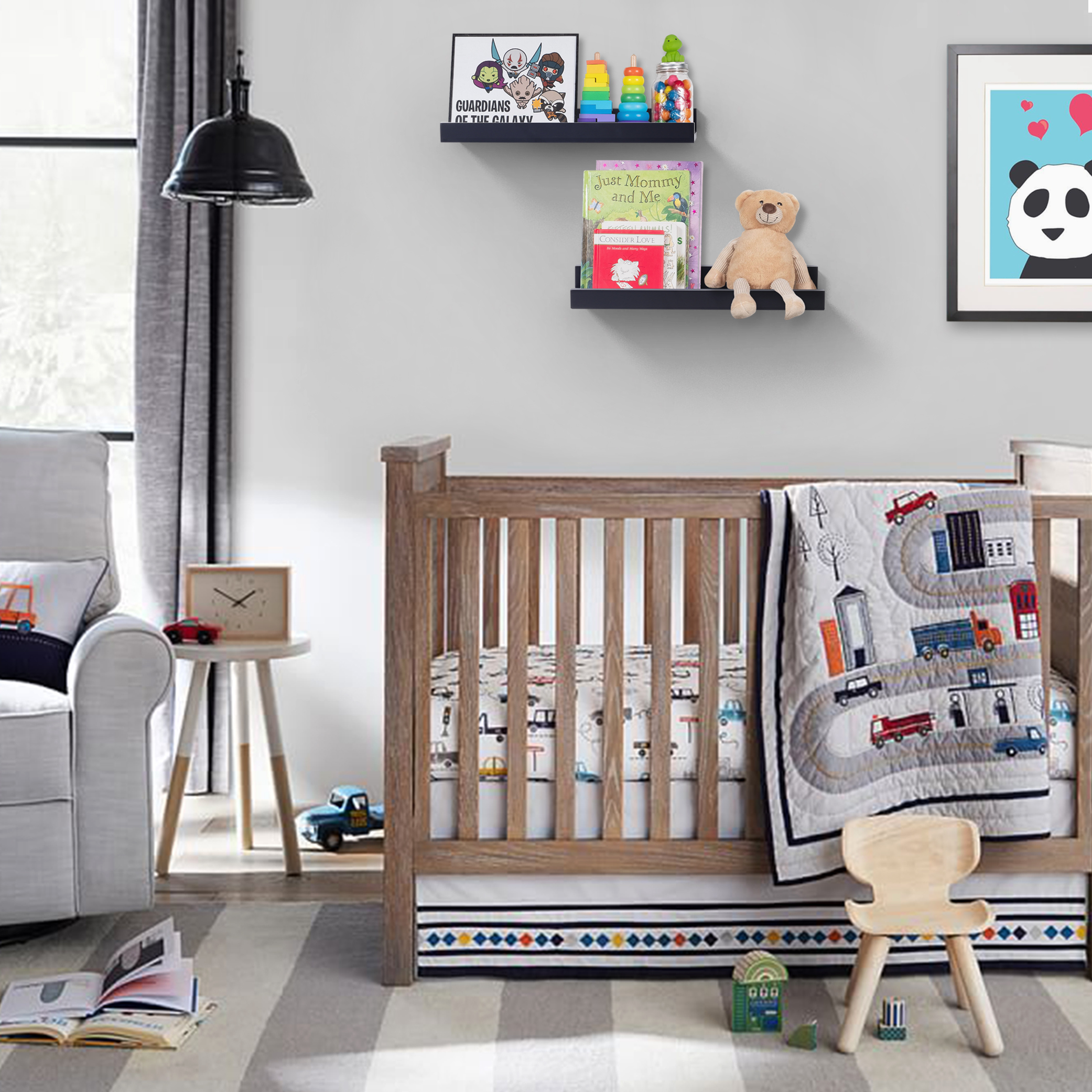 DAISYWARE Wall Mounted Floating Shelves 15” Wood with Modern Black Finish – Picture Ledge Display is Perfect for Nursery and Boy or Girls Room - Set of 2