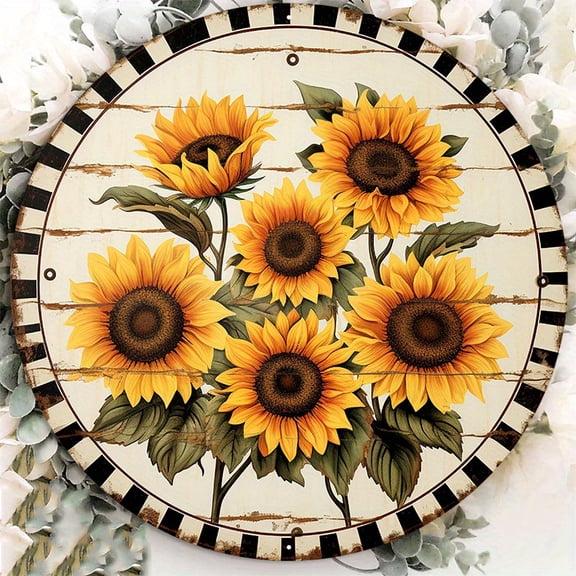 Sunflower Bouquet Round Aluminum Sign - Farmhouse Black & White Buffalo Plaid Distressed Imitation Wood Wall Decor, 1pc, 8" Wall Art Metal Sign, For Gardene, Room, Home Decor, Ideal Gifts, 2D Flat