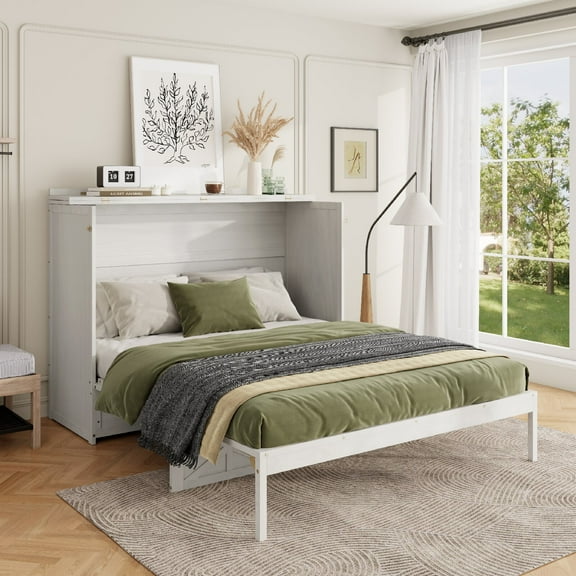 Queen Size Murphy Bed Frame with Charging Station and Large Drawers, Farmhouse Foldable Murphy Cabinet Platform Bed for for Guest Room, Bedroom, Home Office, Mattress Not Included, White