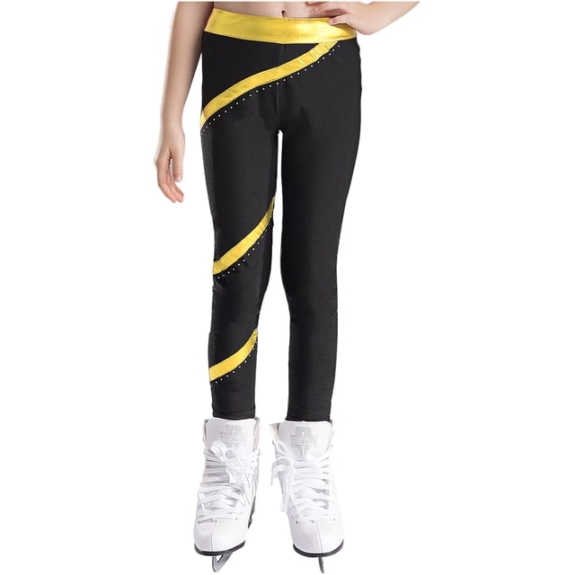 Ocealan Kids Girls Shiny Rhinestones Figure Ice Skating Leggings Metallic Striped Tights Sports Competition Pants Gold 16