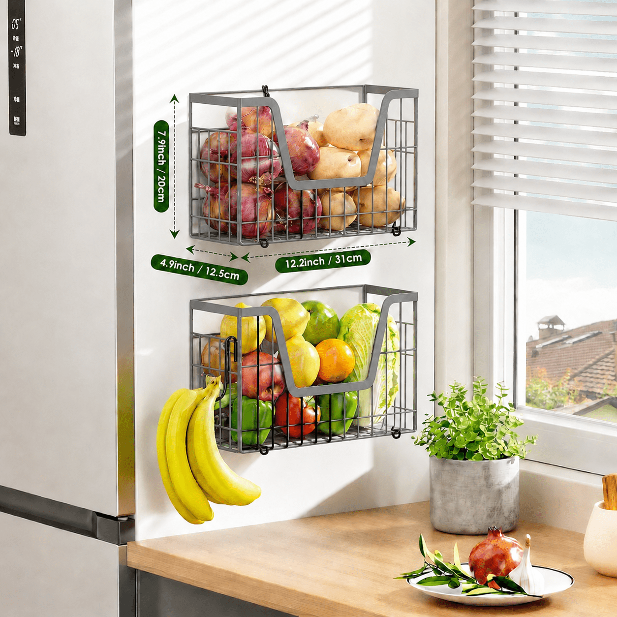 2 Set Magnetic Shelf for Fridge, Potato & Onion Storage Bins, Magnetic Fruit Basket for Refrigerator Pantry Kitchen Counter Laundry, Magnetic Fridge Organizer Spice Snacks Magnet Fridge Shelf Gray