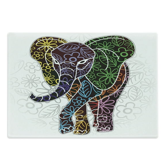 Batik Cutting Board, Digital Big with Floral Lines and Tribal Shapes Wild Life Theme Image, Decorative Tempered Glass Cutting and Serving Board, Large Size, Multicolor, by Ambesonne