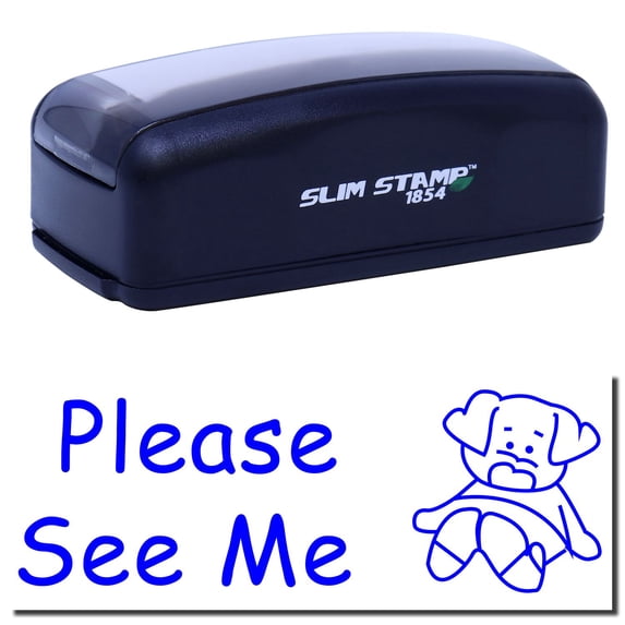 Large Pre-Inked Please See Me Stamp, Slim 1854, Ultra Slim Design, Impression Size 1-13/16" by 2-1/2", Up to 25,000 Impressions - Blue Ink
