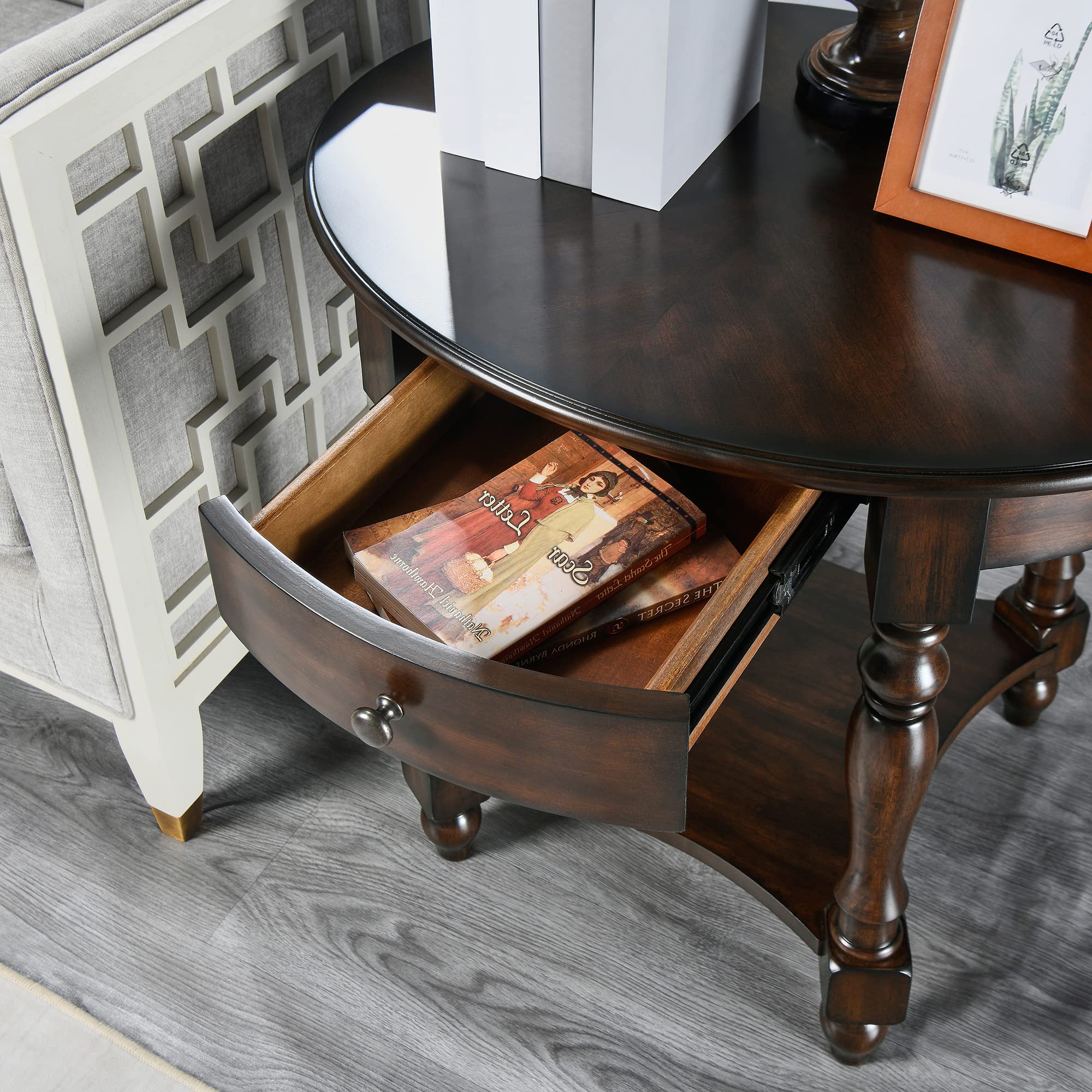 JESONVID Solid Wood Oval End Table with Drawer and Storage Shelf, 28" Traditional Retro Side Table Polished Edging Sofa Table Bedside Nightstand for Living Room Bedroom Home, Vintage Walnut