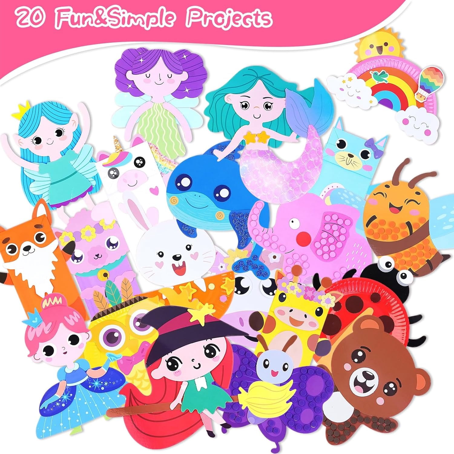 20 Animal Arts & Crafts Kit for Kids 4-6, All-Inclusive Toddler Craft Box with Paper Plates, Puppets, Fun Activities, Tigers, Lions (134 Characters) (Princess)