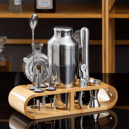 

SHZHLAIFUZB Silver 700ml Stainless Steel Cocktail Shaker Set Bartender Kit with Elegant Wooden Stand Premium Margarita Mixer Stylish Jigger & Spoon Set - Perfect for Home Bar or Profess