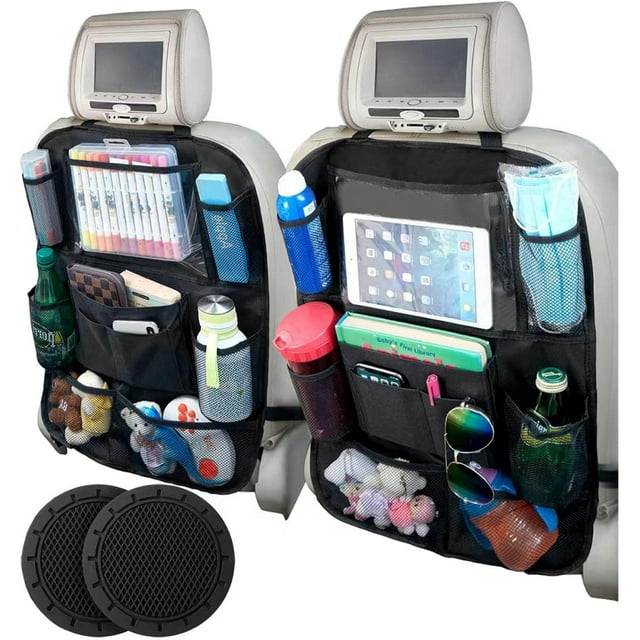 Organizador de asiento trasero de coche, paquete de 2 organizadores de asiento de coche con soporte para tableta con pantalla táctil, 10 bolsillos de almacenamiento para asiento trasero de coche y al