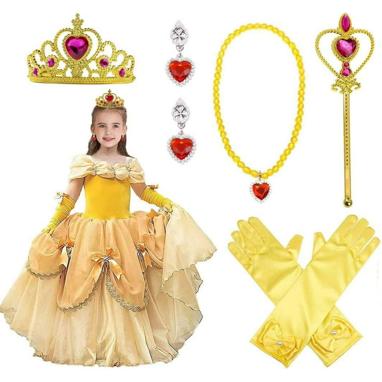 AYUQI Yellow Crown Cosplay Accessories for Birthday Party Girls Gift,  Princess Dress Up Party Costume Role Play Bella with Tiara Wand Gloves  Earrings