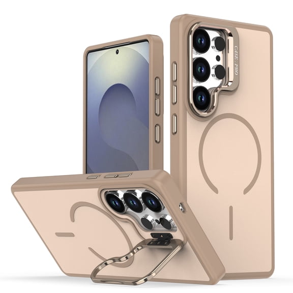 for Samsung Galaxy A17 5G Case with Built-in Camera Stash Stand, Compatible with MagSafe, Slim Fit & Lightweight Magnetic Hard Back Soft Edge Anti-Yellow Sturdy Flexible Shockproof Cover, Desertgold