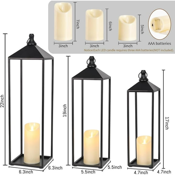 22'' 19'' 17'' Lanterns Decorative Outdoor Indoor, Set of 3 Black Metal Candle Lanterns Christmas Lanterns Modern Farmhouse Floor Lantern Decor for Room, Porch, Mantle, , Garden