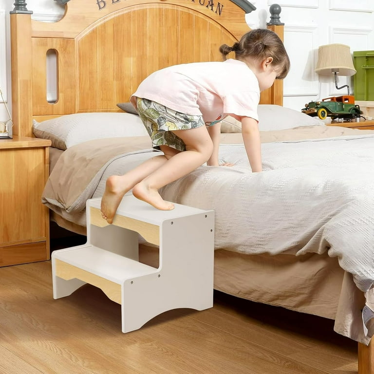 Wooden Toddler Step Stool 2 Step Stool for Kids Bathroom Sink White Potty Step Stool for kids Child Stepping Stool for Kitchen Nursery Bedroom Dual
