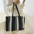 thumbnail image 3 of Shoulder Bag for Women, Canvas Tote Bags, Casual Large Capacity Handbag with Leather Strap and Zipper, Simple Vertical Stripe Style Durable Handbag for Dating, Working and Shopping, Black, 3 of 7