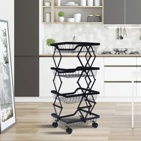 

Loyalheartdy 3/4/5 Tier Fruit Vegetable Basket Stand Kitchen Storage Wire Rack Foldable Metal Rolling Cart Stackable Organizer