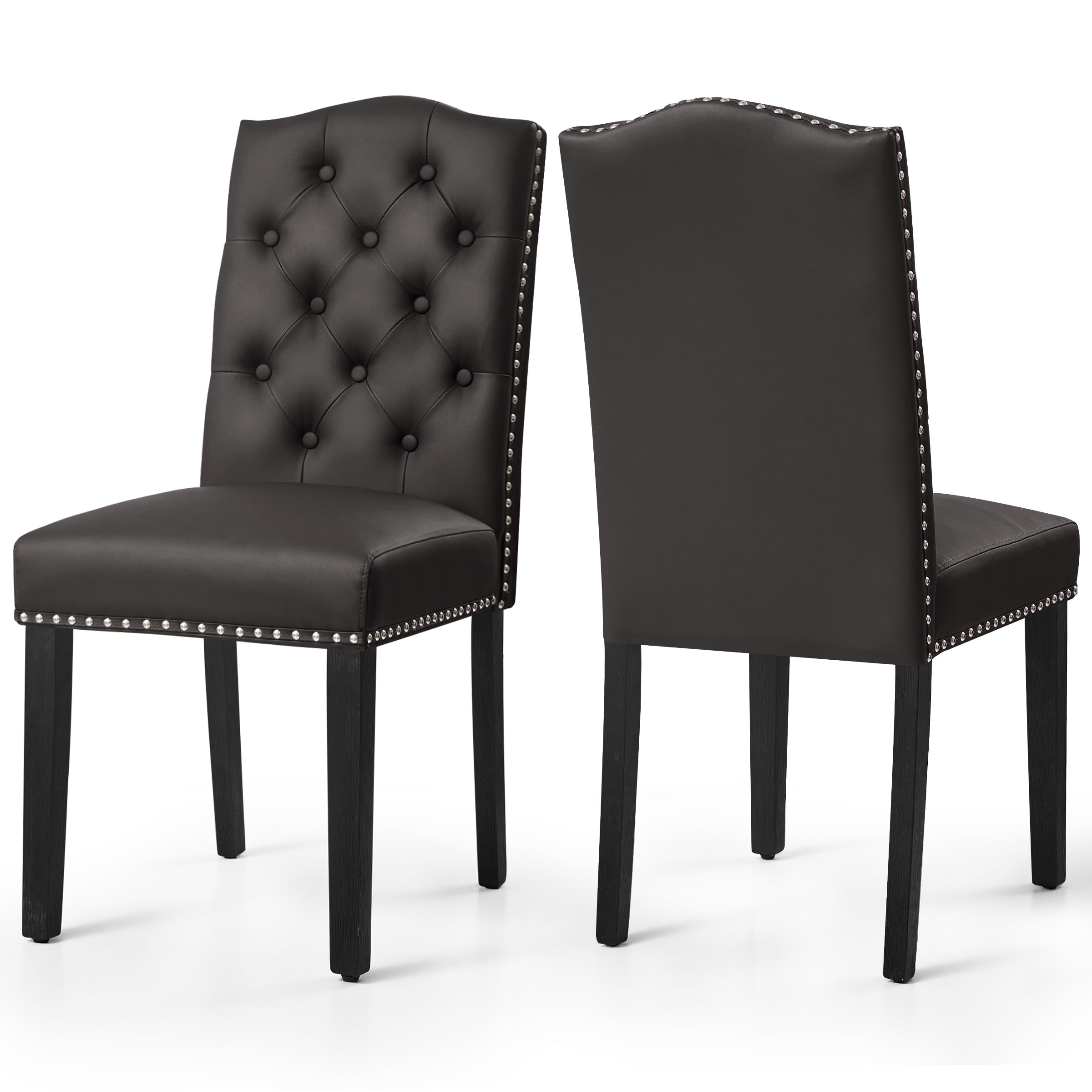 Subrtex Upholstered Dining Chairs Set of 2, PU Leather Dining Chair with Nail heads Trim, Button Padded Chairs Set for Kitchen Dining Room, Gray