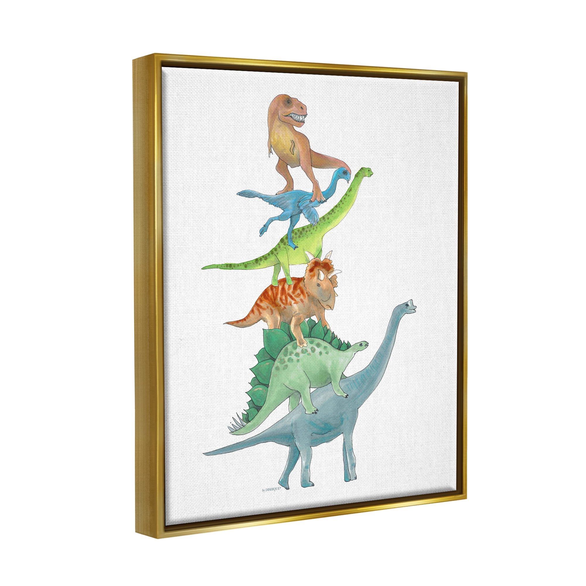 Stupell Industries Stacked Dinosaurs Balancing T-Rex Stegosaurus Illustration Graphic Art Metallic Gold Floating Framed Canvas Print Wall Art, Design by Dishique