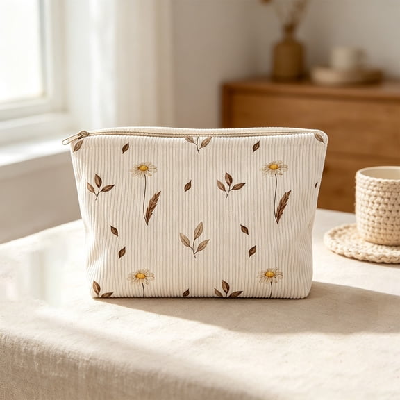 Makeup Bag, Corduroy Cosmetic Bag, Floral Makeup Pouch, Portable Travel Toiletry Bag, French Style Makeup Storage Bag, Zipper Cosmetic Organizer Purse for Women Daily Travel, Leaf Daisy Print