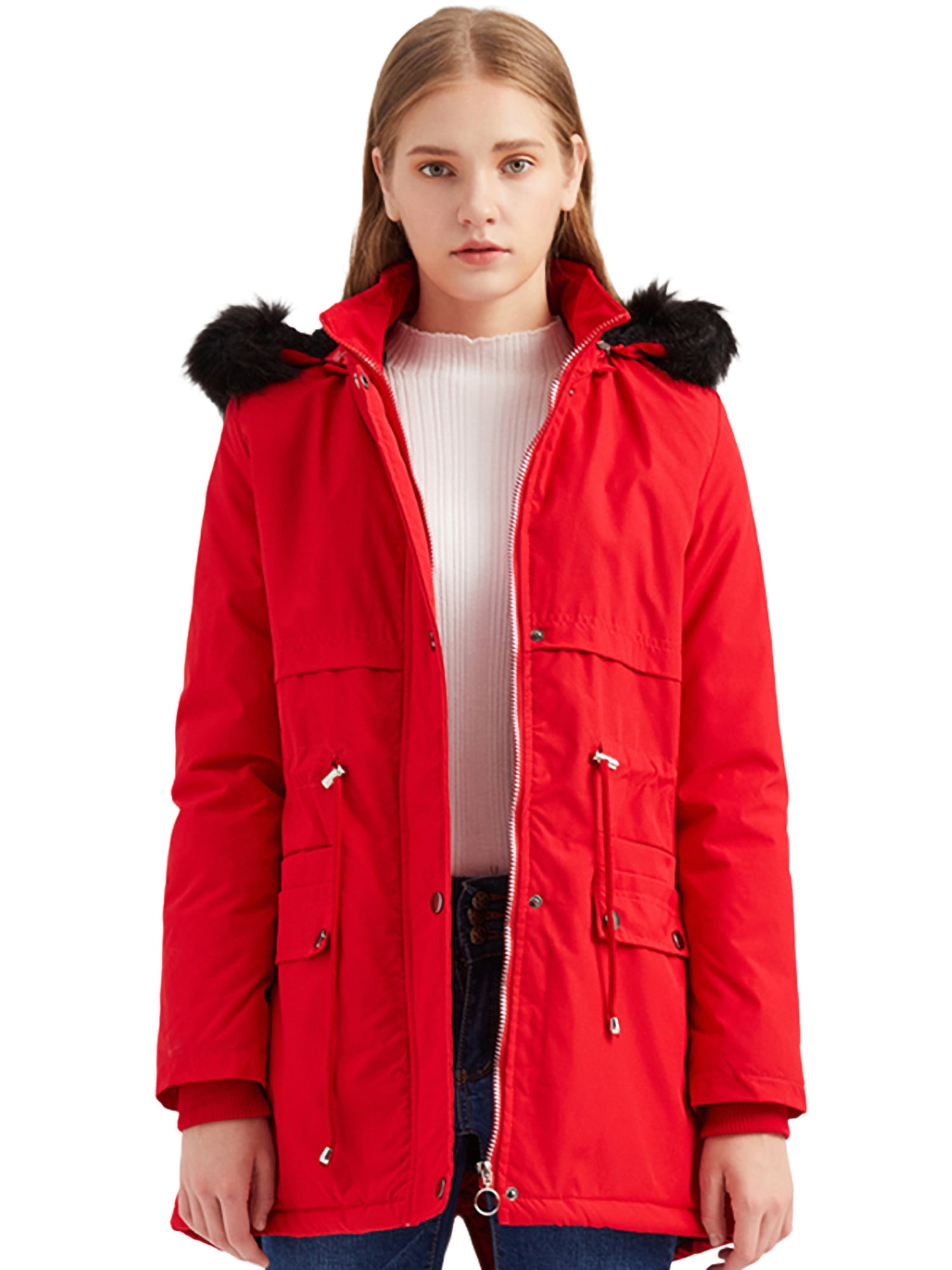 Womens Sherpa Lined Anorak Jacket Hooded Winter Warm Coat Tunic Thicken Outdoor Zip Up Teen Girls Pockets Outwear