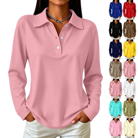 UDAUDU Long Sleeve Polo Shirts for Women Dressy Button Collar Golf Tops Loose Fit Business Office Workout Holiday Solid Color Dressy Blouse Clothes XL