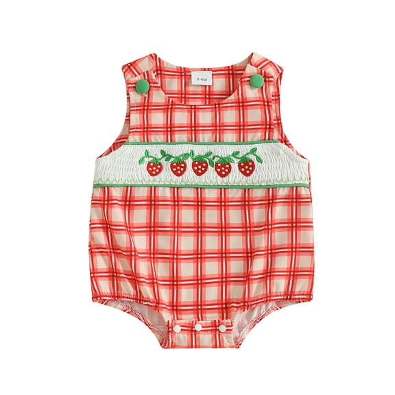 BemeyourBBs Baby Boy Summer Romper Strawberry Embroidery Plaid Sleeveless Jumpsuit