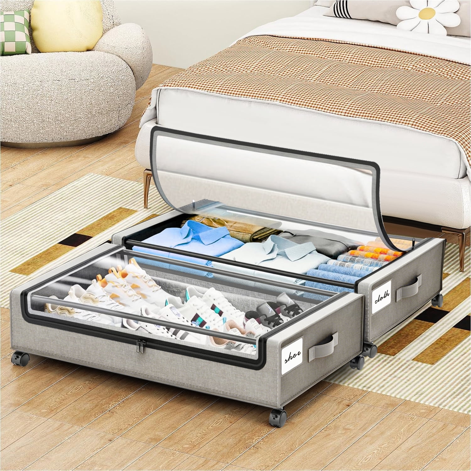 FOUKUS Under Bed Storage with Wheels:2 Pack Under the Bed Storage Bins, Collapsible Under Bed Storage Bags for Clothes, Sheets,Shoes,Linen-like Grey