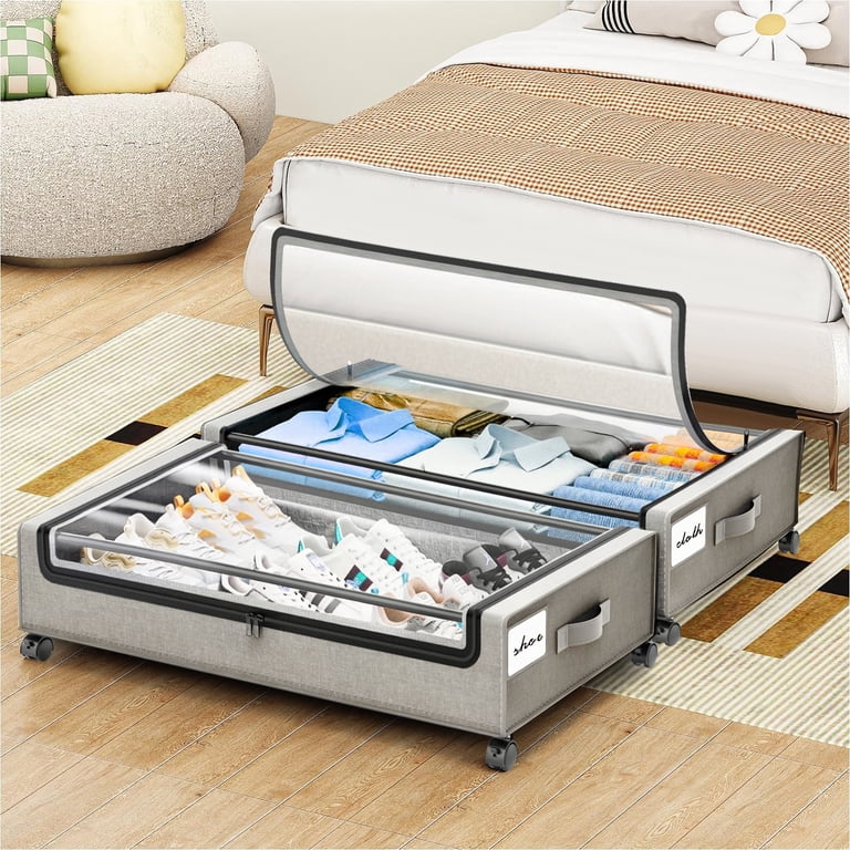 FOUKUS Under Bed Storage with Wheels:2 Pack Under the Bed Storage Bins, Collapsible Under Bed Storage Bags for Clothes, Sheets,Shoes,Linen-like Grey