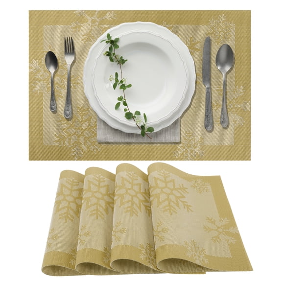 Unique Bargains 4 Pcs Snow Pattern Polyester Heat Resistant Washable Placemats Gold