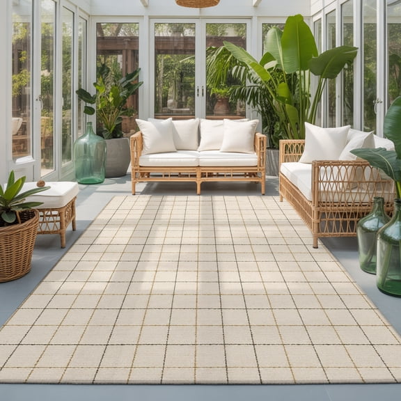 Linen Cream Grid Washable Living Room Rugs 6'x9', Square Frame Tan Plaid French Country Minimalist Washable Throw Large Area Rug Non-Slip Sturdy Edge Binding Carpet for Dining Room Kitchen Office