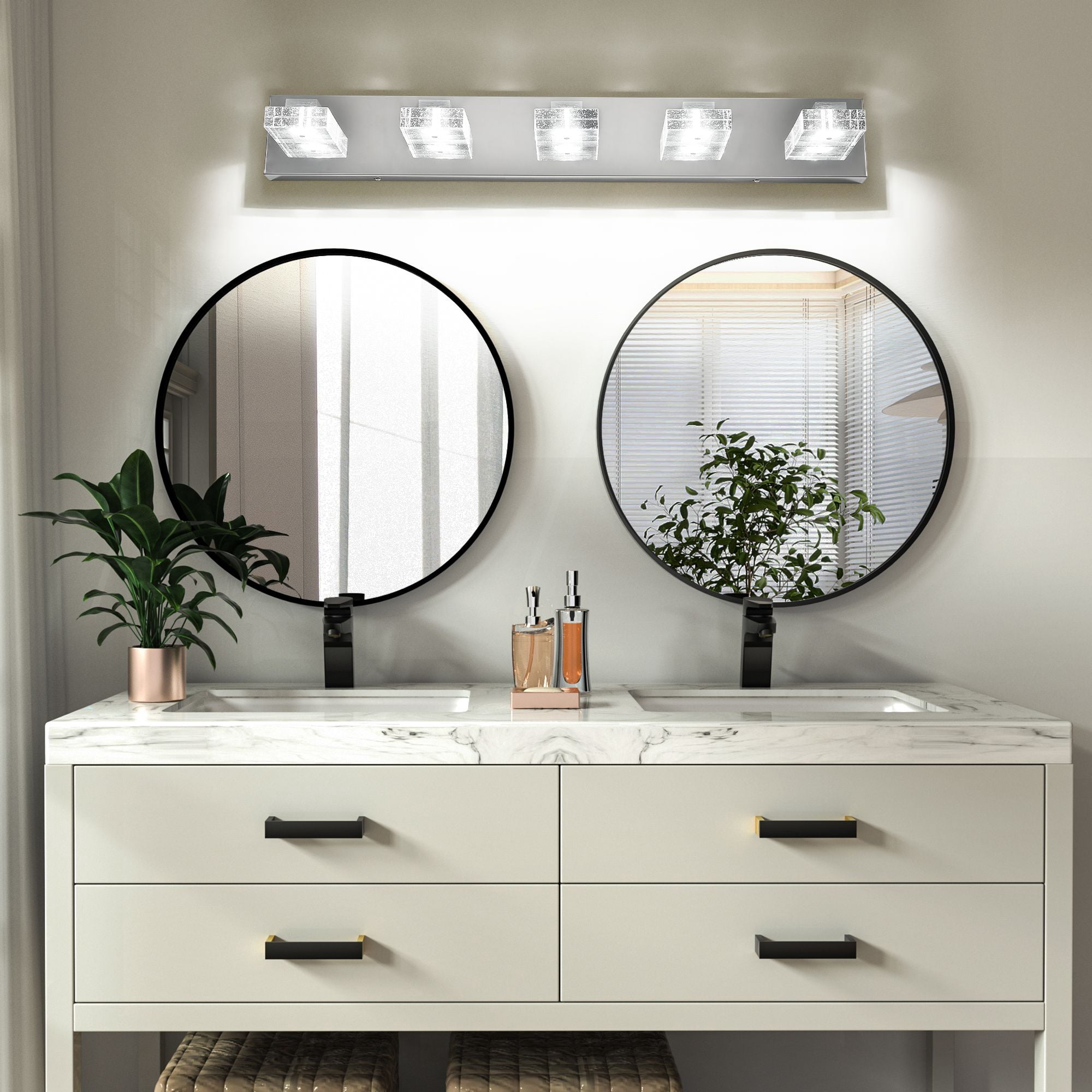31 Inch Modern Chrome 5-Light LED Vanity Light Fixture, Square Acrylic Shade Wall Mount Bathroom Mirror Lighting, Hardwired