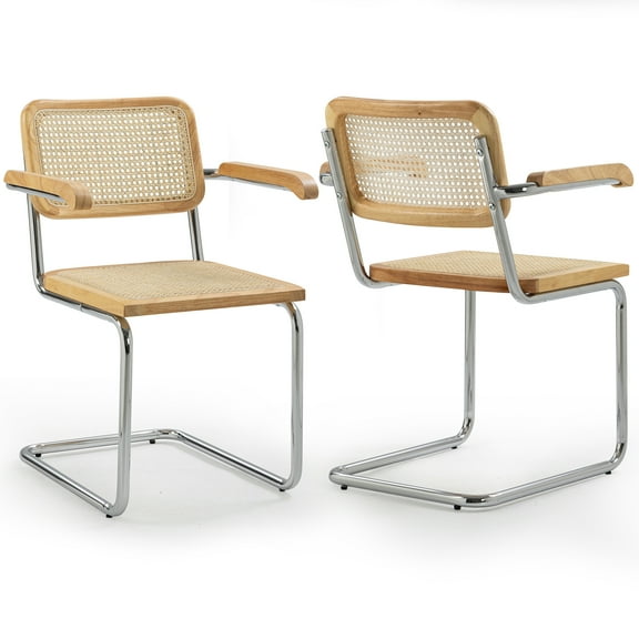 Set of 2 Barnard Natural Wooden Dining Chair with Rattan Back and Chrome Legs