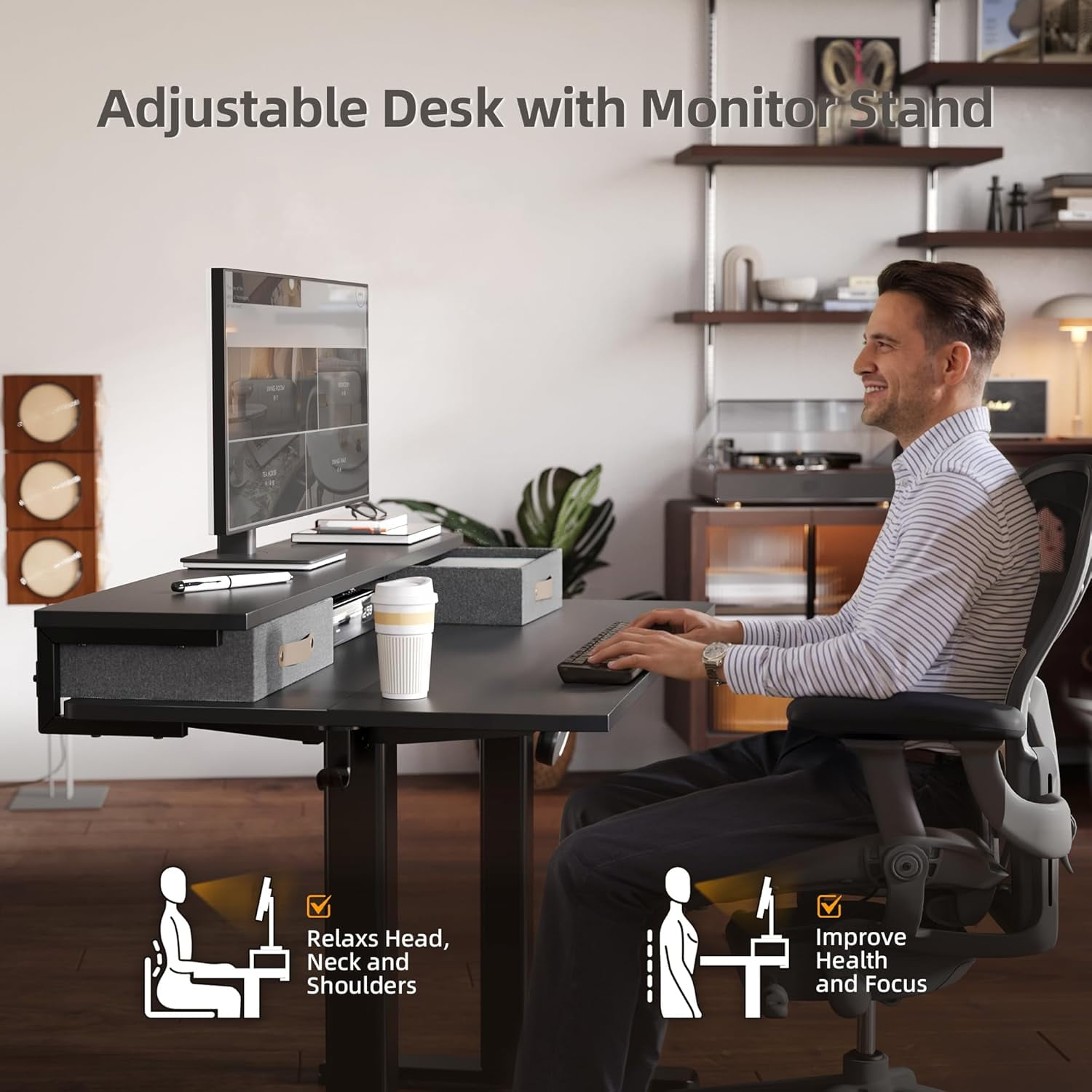 Claiks Electric Standing Desk with 2 Drawers, Adjustable Standing Desks with Storage, Height Adjustable Stand up Desk for Home Office with 2 Hooks,55 Inch Black