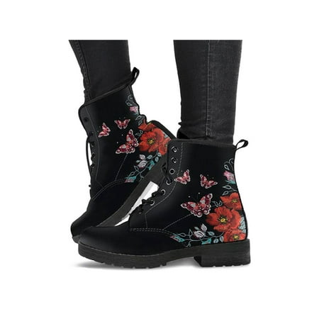 

GENILU Womens Leather Boot Lace Up Short Bootie Vintage Ankle Boots Ladies Booties Waterproof Floral Round Toe Fashion Butterfly 7.5