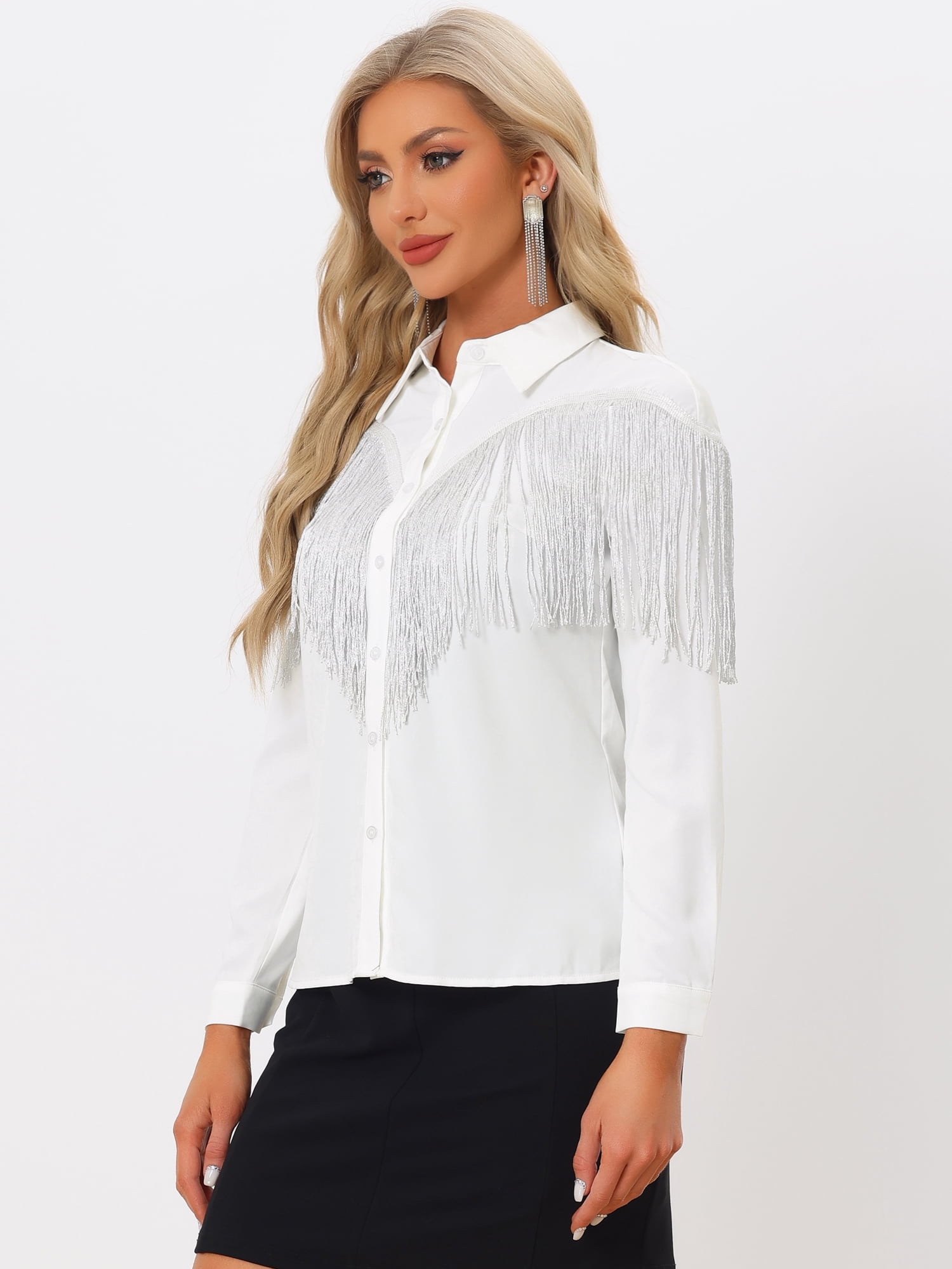 DARING DIVA Women's Fringe Button Down Disco Shirts Blouse XS White