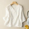 thumbnail image 2 of JGGSPWM Women Vintage Cotton Linen Blouse Short Sleeve V Neck Solid Color Plus Size Button down Flowy Design Cute Casual Comfy Tops White XXXL, 2 of 6