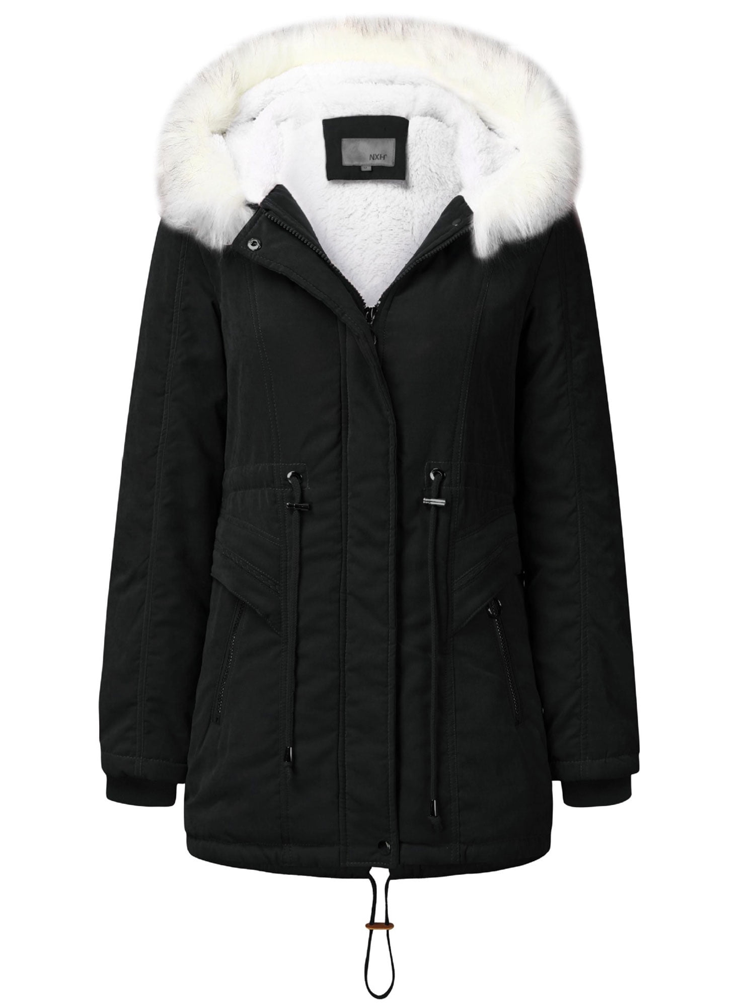 Womens Fur Collar Hooded Trench Jacket Zipper Drawstring Warm Winter Parka Coat 