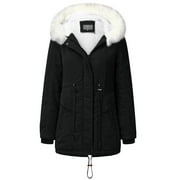Women Winter Thicken Mid-length Big Fur Collar Hooded Zipper Up Warm Coat Jacket Trench Outwear Long Parka Overcoat Plus Size S-3XL