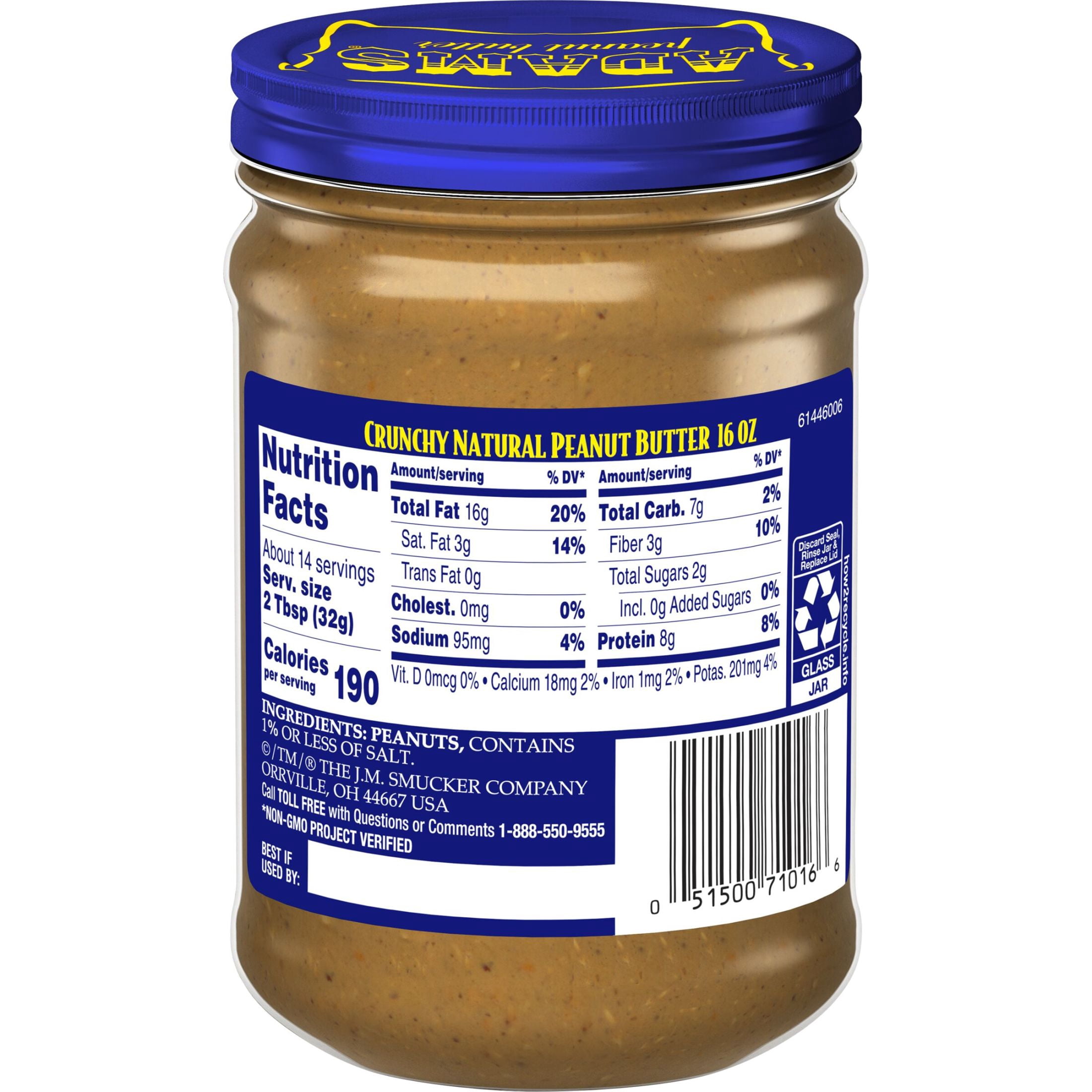 Adams Natural Crunchy Peanut Butter, 16 oz Jar