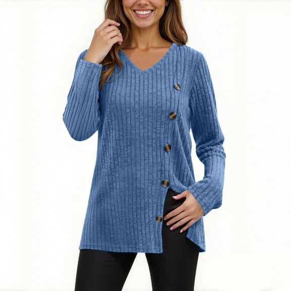 CheerKidz Women Sweaters Long Sleeve V Neck Button Detail Loose Tunic Tops Casual Lightweight Breathable Soft Fabric 2025 Fashion Trendy Clothes(Blue,S)