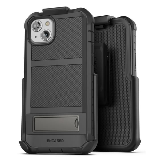 Encased Falcon Designed for iPhone 14 PLUS Belt Clip Kickstand Case with Built-In Screen Protector, Protective Full Body Case with Holster - Black