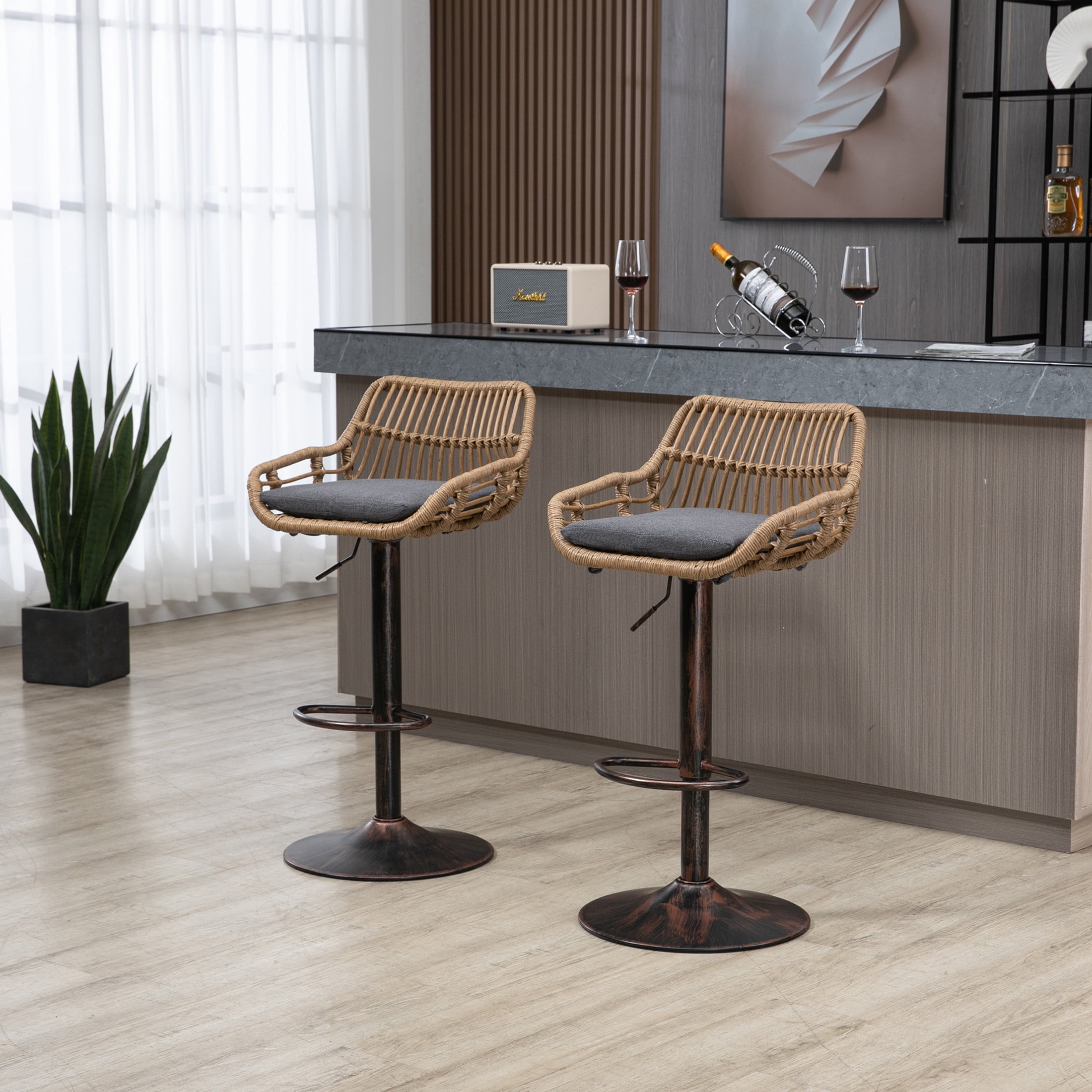 Noble House Swivel Bar Stools Set of 2, Adjustable Linen Counter Height Chairs with Footrest, Gray