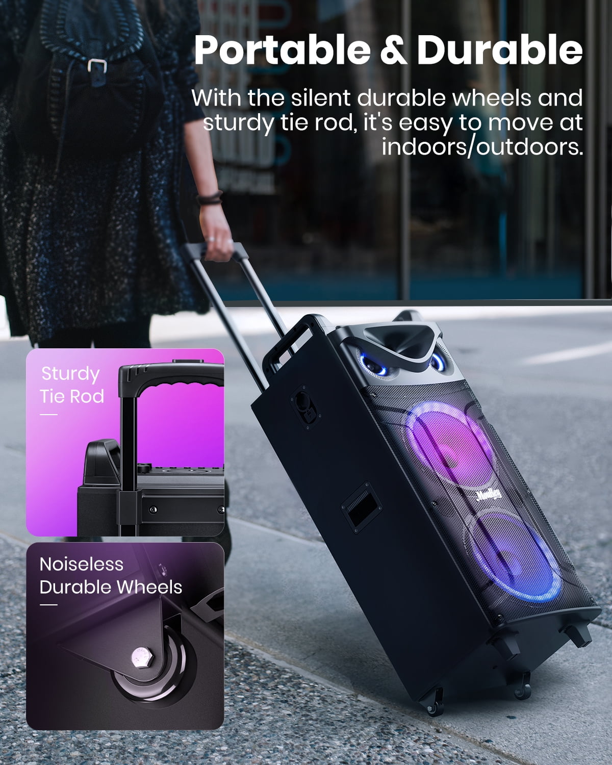 Moukey Karaoke Machine, Double 10" Woofer PA System for Party, with 2 Wireless Microphone, Disco Lights