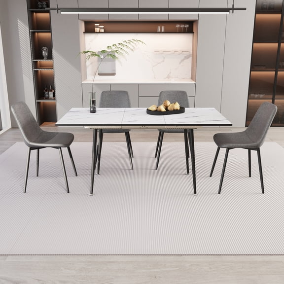 Pinovk 47"-63" extendable MDF modern dining table and chair set, suitable for 2-6 people, elegant white dining table and modern grey dining chair 4-piece set, metal base and linen chair