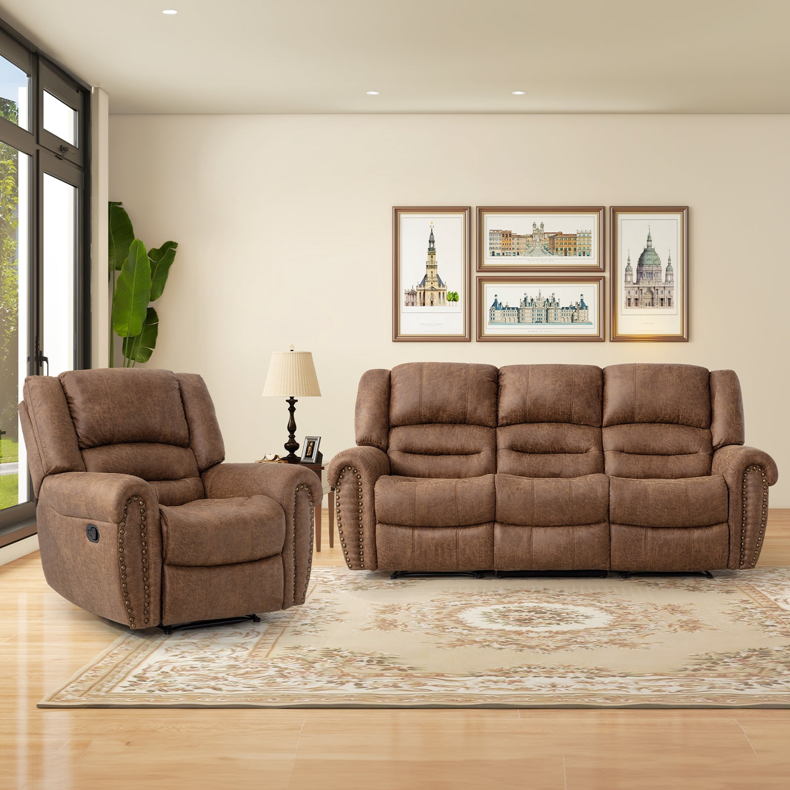 Bonzy Home Reclining Chair Sofa,3 Seats Recliner Couch Sofa with Overstuffed Arms and Back Living Room Furniture Sets