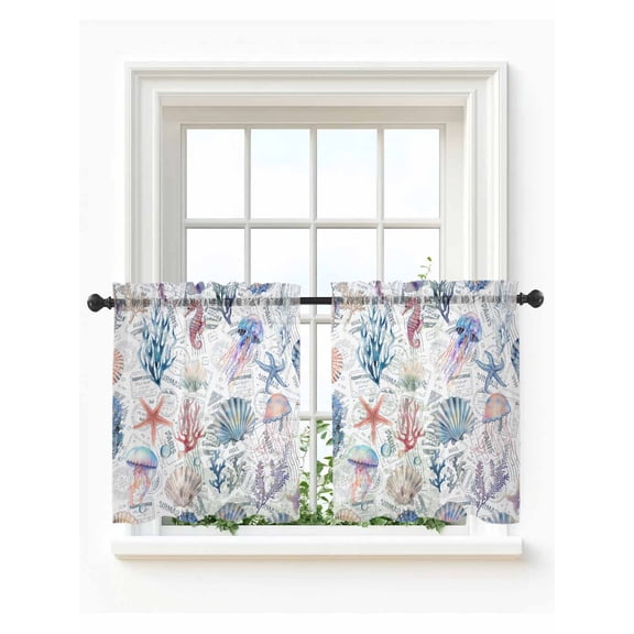 Blue Coastal Tier Curtains 36 Inch Length,Sheer Curtains for Bedroom Living Room Window Summer Coral Shell Sea Beach Nautical Rod Pocket Drapes Kitchen Curtains Small Half Window 27.5"x36" 2 Panels