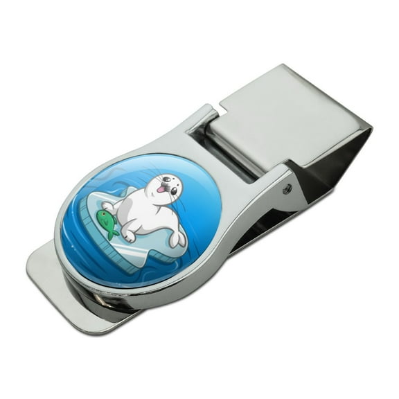Cute Harp Seal Pup on Ice with Fish Satin Chrome Plated Metal Money Clip
