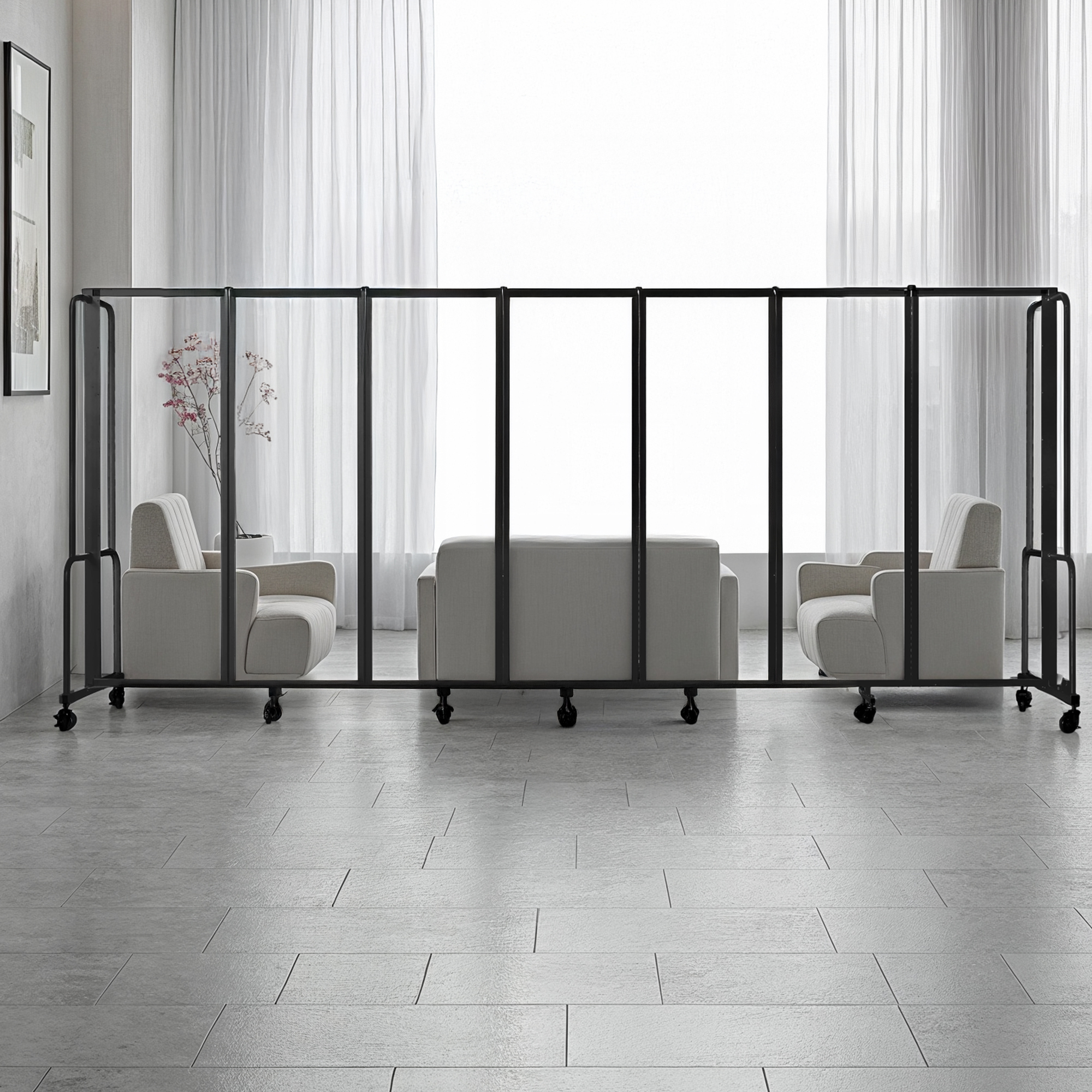 Hampden Furnishings Otis Collection Portable Room Divider, 7 Transparent Panels, Black Frame