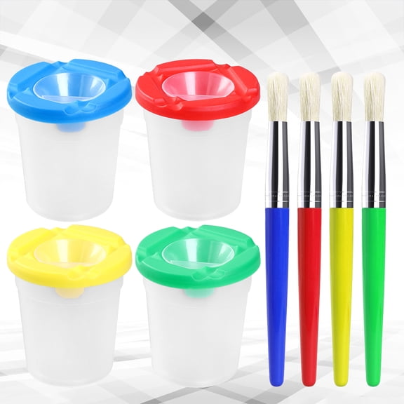MERRYHAPY Kids Paint Brush Set with 4 Assorted Color Brushes and 4 Easy Grip Cups for Children’s Art and Craft Projects 3.1 x 3.1 x 3.5 inch